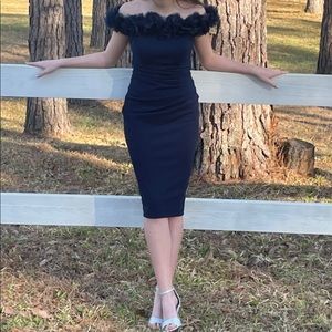 Off-the-Shoulder Floral Appliqué Cap Sleeve Fleurette Stretch Crepe Sheath Dress